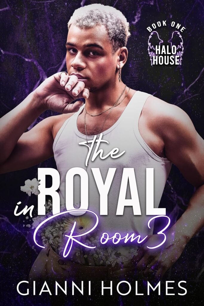 The image is a book cover for "The Royal in Room 3" by Gianni Holmes, featuring a man in a white tank top against a purple background.